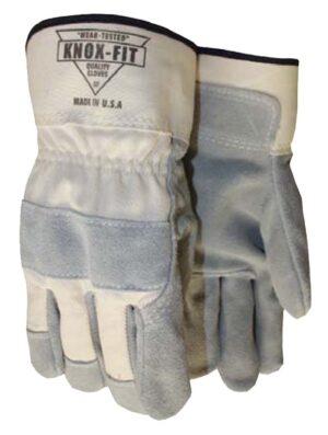 Side split leather palm, white back, knuckle strap safety cuff glove